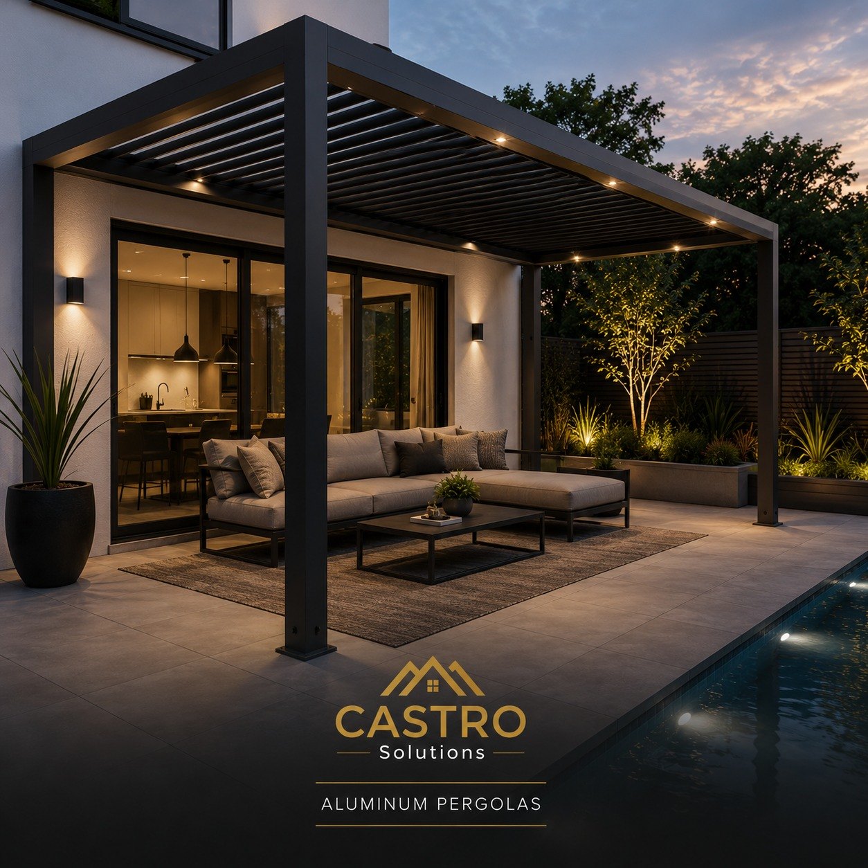 Aluminum pergola over a poolside terrace